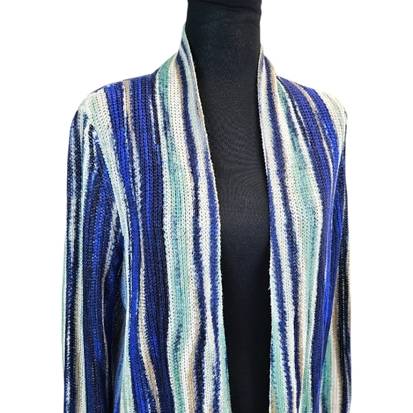 NWT Chico's Boho Linen Broken Stripe Cocoon Sweater Cardigan Medium Blue Cozy - Picture 7 of 16